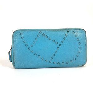 HERMES Evelyn punched logo round zipper long wallet, leather, women's, blue j...
